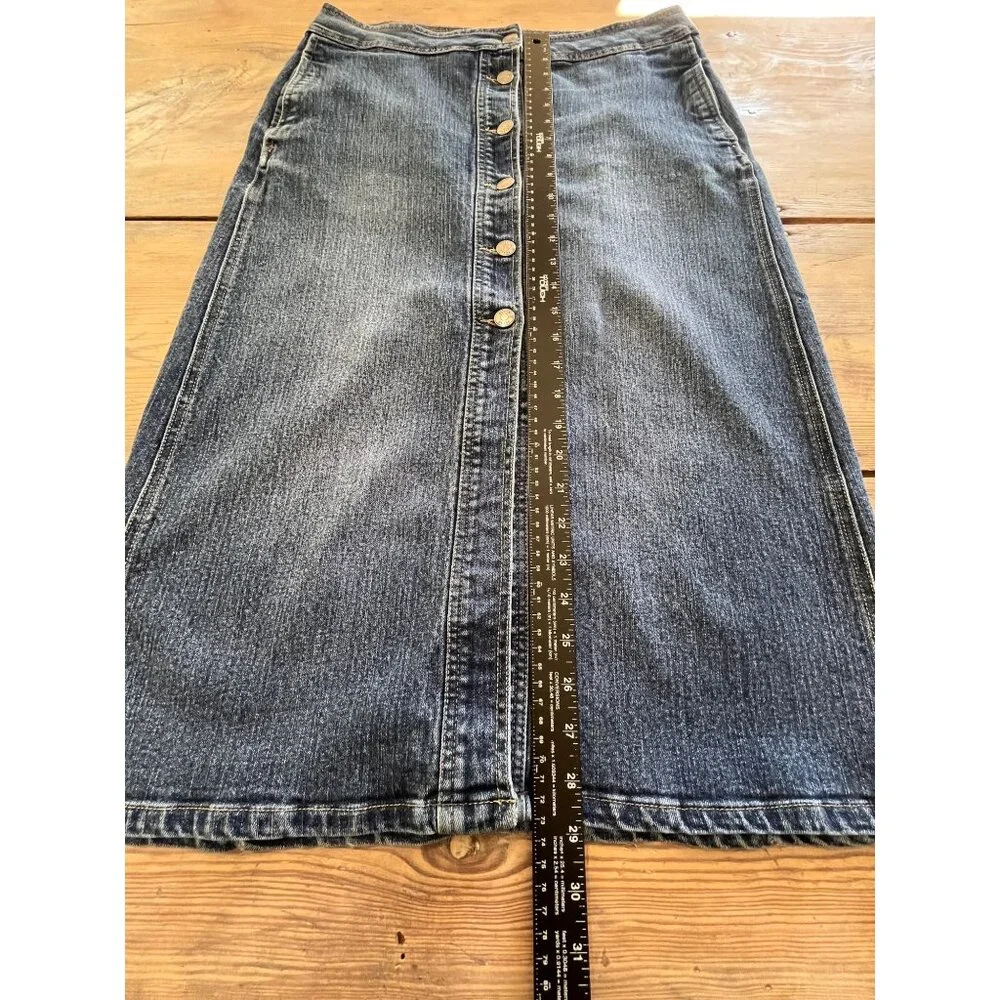 Per Se Denim Pencil Skirt Womens 6 Blue Jean Button Front Mid Length Pockets